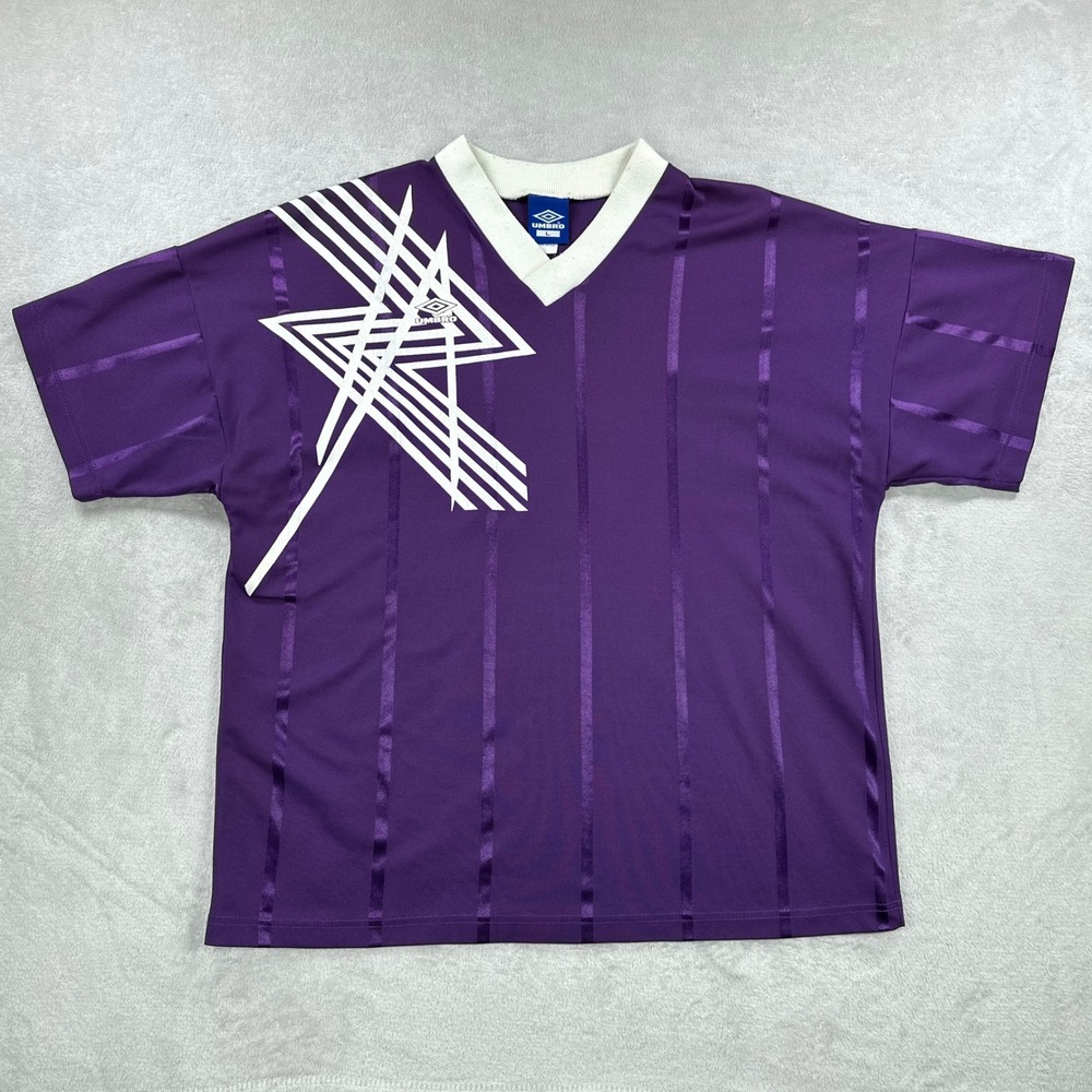 Vintage Umbro Soccer Jersey Mens Large Purple #9 Made in USA Shadow Stripe 90s